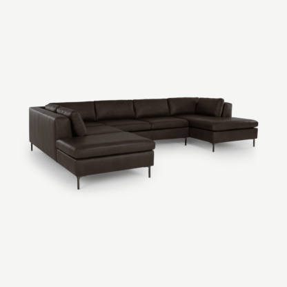 0d2047e285834ec241887dbd136932e8b0bd11a5f941effaa86eae5e015b990e-1.png An Image of Monterosso Left Hand Facing Corner Sofa, Denver Dark Brown Leather with Black Legs