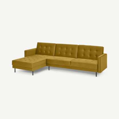 0d66ff3b733611ef866f25464007ef2e6e4be31b0db16f2fa20144173c8481d3-1.png An Image of Rosslyn Left Hand Facing Chaise End Click Clack Sofa Bed, Vintage Gold Velvet