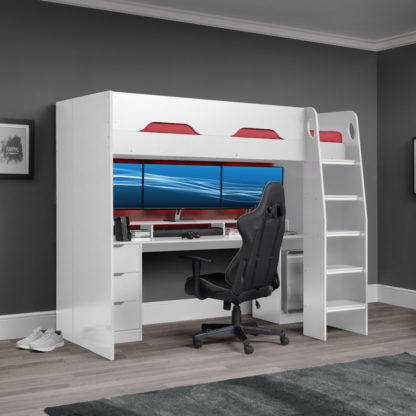 192f96b6140a6d6b66c5d91dfa4a9f6bde2ed2a58a7cde930e500bd46d9ce0f8.jpg An Image of Mercury White Wooden High Sleeper Gaming Bed Frame - 3ft Single