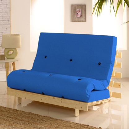 24455f740c787dcced77c82c374f0e8539e7bb96c0cc2233a75e4aec8e7747d8.jpg An Image of Metro Pine Wooden 1 Seater Chair/Folding Guest Bed with Dark Blue Futon Mattress - 2ft6 Small Single