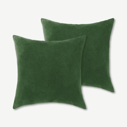 2689986fdee84b92cbbc59caa85e4e8a0f96fe526ad1ffb8126e8a13a95c4471-1.png An Image of Lorna Set of 2 Velvet Cushions, 45 x 45cm, Leaf Green
