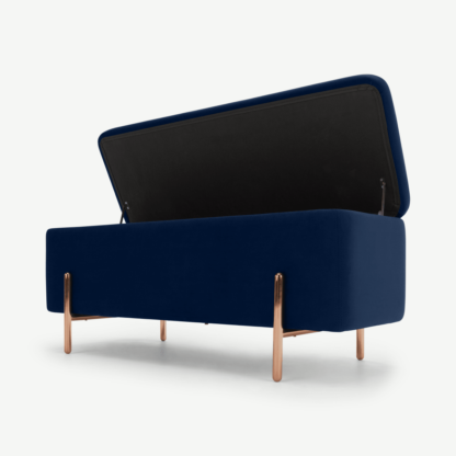 2d4ad56a0ecc85672d50418439959cb5a62d48246fabe2f348a81a9cfb78c5a7-1.png An Image of Asare 110cm Upholstered Ottoman Storage Bench, Royal Blue Velvet and Copper