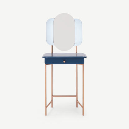 2fa3688af26e780af4fef3948f14d4e81131c19cc29fa511fe6f41856212ba30-1.png An Image of Maddie Dressing Table, Dark Blue and Copper
