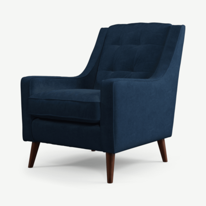 34655e18ffbb806c0ebf1b443c01418b6c0b67269b498b17d41300be7b8f4601-1.png An Image of Content by Terence Conran Tobias, Armchair, Plush Indigo Velvet, Dark Wood Leg