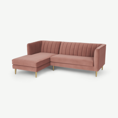 4cf07ae78bd5310672a2fef40031c6ccd10610edd6648053620321f1d281c3a5-1.png An Image of Amicie Left Hand Facing Chaise End Corner Sofa, Blush Pink Velvet