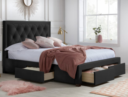 530a8ab25c905cba3f8bfafd039be2f98015b7022fd326de58def0f5c242ad00-2.jpg An Image of Woodbury Black Velvet Fabric 4 Drawer Storage Bed Frame - 6ft Super King Size