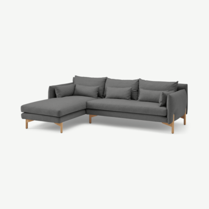 61a456556ec35f075f2f6bfdb13b922e0f5b1b785dbe9ecfaddf021149433f10-1.png An Image of Amber 3 Seater Left Hand Facing Chaise End Corner Sofa, Elite Grey with Oak Legs