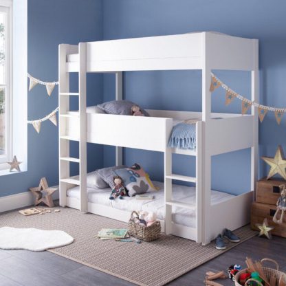 6c16b7b0bd233f49ed70c11b887b9c47867f1a5d1cf0430b6ea76006d6c9b3c4.jpg An Image of Snowdon White Wooden Triple Sleeper Bunk Bed Frame Only - 3ft Single