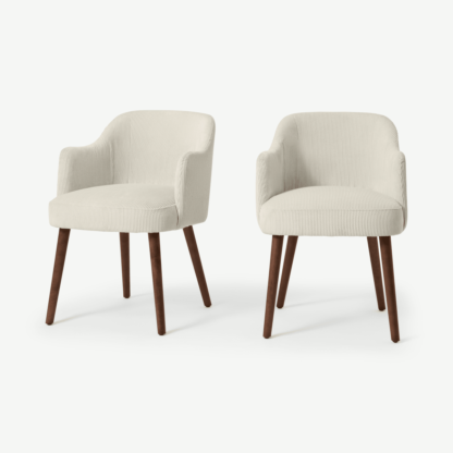 72ea27b6bf9b0d2ab93b117ce18747ccb857617d4baa13d7f6184e71d0691796-1.png An Image of Swinton Set of 2 Carver Dining Chairs, Ecru Corduroy Velvet with Walnut Legs