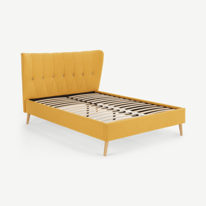 7af10cfb906b83855e313e7688e9edf30b58c3c935f66d19000eab56230e9aac-1.png An Image of Charley Double Bed, Yolk Yellow & Oak Stain Legs