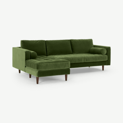 802131ca4ee85943ab3b02e237ee5a8429e9d5e897f733f1996a552f303f11a8-1.png An Image of Scott 4 Seater Left Hand Facing Chaise End Corner Sofa, Grass Cotton Velvet