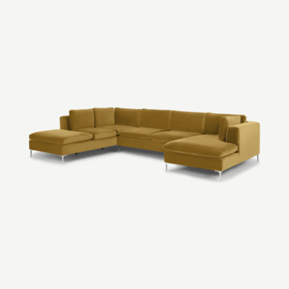 8c5795ec6cd1371ce2c455bd23cd20ec750643c02600a85b686516dcad609dd2-1.png An Image of Monterosso Left Hand Facing Corner Sofa, Mustard Velvet