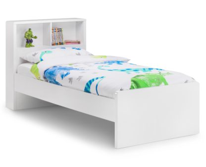 8c94e61af8b51130408aae84b200ba5efef338aaef80b89ffebd6ade134f82cb.jpg An Image of Manhattan Gloss White Wooden Bookcase Bed Frame - 3ft Single