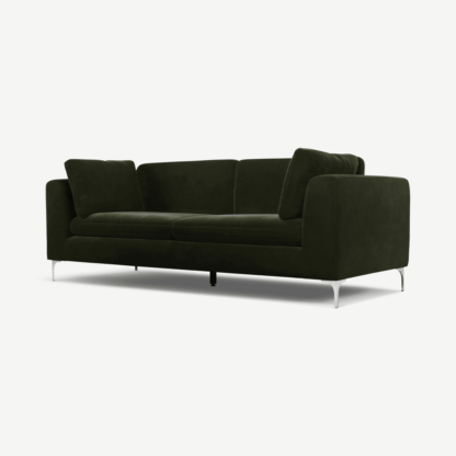 94a734ef610dd881b92e72c0b4856699b00a51f6cbe7323d411cd29d7fb62a43-1.png An Image of Monterosso 3 Seater Sofa, Dark Olive Velvet with Chrome Leg