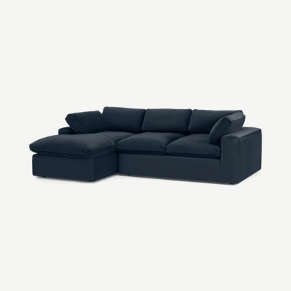 9627f0e21f68000ca58fe53ba115ef959ea7d498879f174157e10aa11f94f4d9-1.png An Image of Samona Left Hand Facing Chaise End Sofa, Dark Blue Velvet