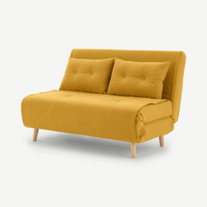 9d74a43fccb34a6d583b352d845a714e65e79b3d71c5323225e1c19af042257d-1.png An Image of Haru Small Sofa Bed, Butter Yellow
