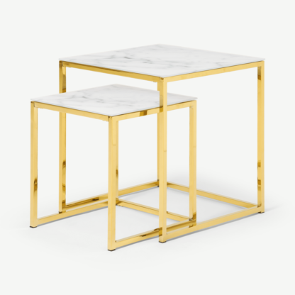 aaeeae1f171dc3b33364926db4ae08bbea770572a690293bb02a3199c3bd5578-1.png An Image of Alisma Nesting Tables, Marble Effect Glass & Brass