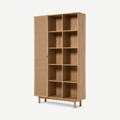 ad537dc7bac19a0595915a10c59d87f18daf12033cc394409b8f438e4e27eb6b-1.png An Image of Pavia Wide Shelving Unit, Natural Rattan & Oak Effect