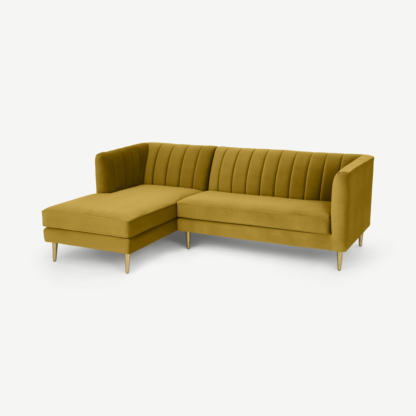b2bd57b33033c4dd77893f9caf8c26c65329c61566b0bb882eb5a1bca2185774-1.png An Image of Amicie Left Hand Facing Chaise End Corner Sofa, Vintage Gold Velvet