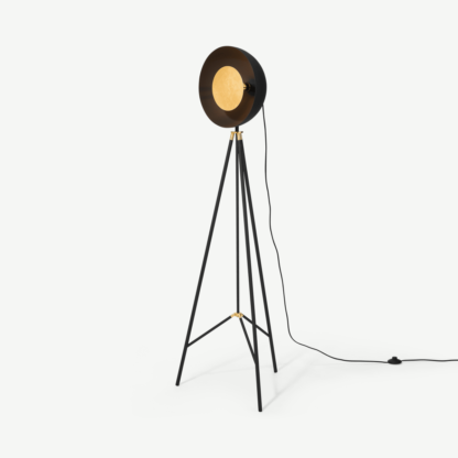 b3d2f0c2652c4b0abeb0b215100c52ff5fc920a26543c39f0430faee7c51ba4f-1.png An Image of Ward Tripod Floor Lamp, Black & Gold Foil