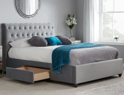 ce901674e0e46303246660a039d143be49e33bd978cc9aa43473befd063cdc7a-1.jpg An Image of Marlow Grey Velvet Fabric 2 Drawer Storage Bed - 4ft6 Double