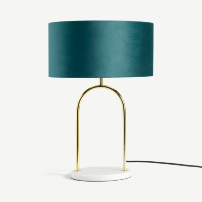 d0908edbc6a7a2e92e326f4cd0c9a73e93c6c964cce4cebcf6530bb57979a55f-1.png An Image of Carmella Table Lamp, Peacock Blue Velvet, Brass & Marble