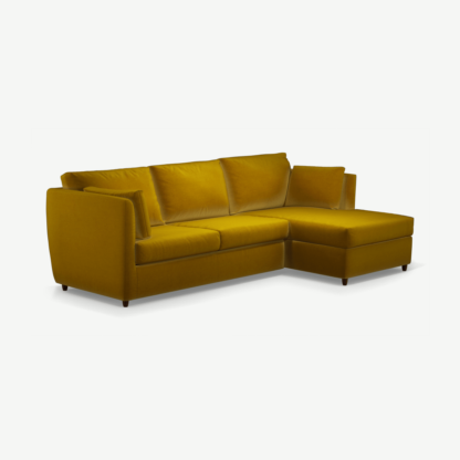 d1c43236226f6e6ccd34e72d643b0fd94847cf6526bed4a5705e6066a19e1353-1.png An Image of Milner Right Hand Facing Corner Storage Sofa Bed with Memory Foam Mattress, Saffron Yellow Velvet