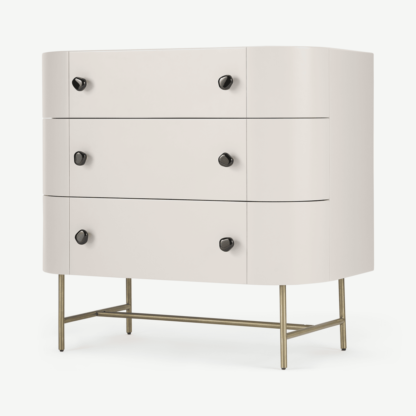 ed00fe137eba3c2e04979b62b9d1f32b1c1e9e0c9e75a296e3461954d71ea50b-1.png An Image of Tandy Chest Of Drawers, Light Grey with Gloss Black Handles & Brass Legs