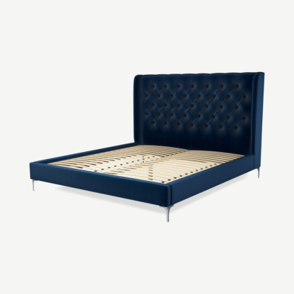 03ad335a140eb25ff79fba3eb01ce014f7b98e046768e5615ea29cbaa9c97c90.png An Image of Romare Super King Size Bed, Regal Blue Velvet with Nickel Legs