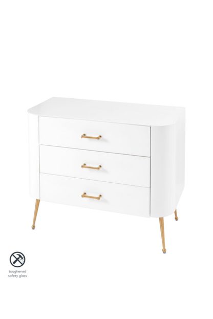 21114dd444f66b528a3f5ba2787408e9948276b8001dfeaff5d376eba0978315.jpg An Image of Mason White Glass Chest of Drawers – Brushed Gold Legs
