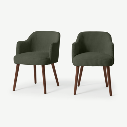 3dc4fcece56de4791f827a352e736cedf09761da69cd0198f6781f1dcc42a9dd.png An Image of Swinton Set of 2 Carver Dining Chairs, Sage Corduroy Velvet with Walnut Legs