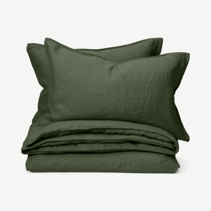 4fdd31a026c9be09ece55a4723373e886df9fef6713ca7258a672be7d17755c3-1.png An Image of Brisa 100% Linen Duvet Cover + 2 Pillowcases Kingsize, Moss Green