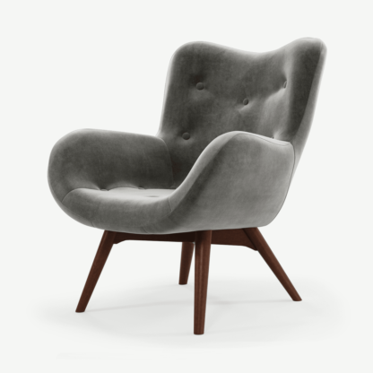 64ffdb659644ecc0b2eccf2621d39ba9f24544fe8ea4cd6a0eeb30dd9c742619.png An Image of Doris Accent Armchair, Steel Grey Velvet with Dark Wood Legs