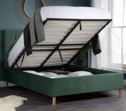 6d319c3faa0f26c248cbd7cde4fb4014eaba9ed2ebc68ad98d070e49822dd6c4.jpg An Image of Loxley Green Velvet Fabric Ottoman Storage Bed Frame - 4ft6 Double