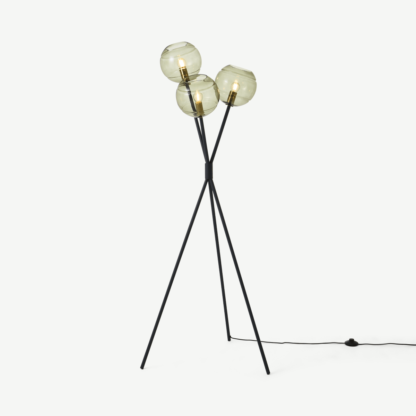 77e07ffdad2f5240fd9ff7a9ee8494f85120479eb0451ea89040c48ac846fa79.png An Image of Mika Tripod Floor Light, Green, Grey & Brass