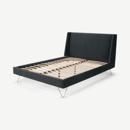 7e92ac00f0ccdd2a3ba679b00def55af76a398e61d9ba7f5642584ff4a7ef8b4.png An Image of Elona King Size Bed, Midnight Grey Velvet & Copper Legs