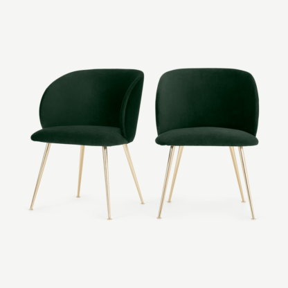 8586244b39d275323b871de02d7f379a43d0d1c1db3ff677048610c3fcd1a212.png An Image of Set of 2 Adeline Carver Dining Chairs, Pine Green Velvet and Brass