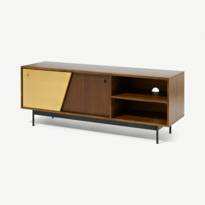 a73d843f33eba35e8adec45a409bc4424394851e1976aa956b487e3d50829e48.png An Image of Mischa Wide TV Stand, Acacia Wood & Brass