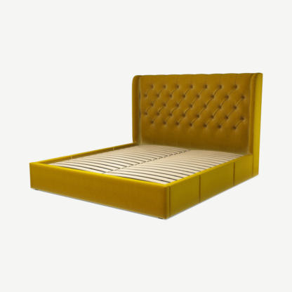 b80f25ee7cfe923da8f0935da4f92c4b38cbd4de22b6b1882f3a10008f8b5d60.png An Image of Romare Super King Size Bed with Storage Drawers, Saffron Yellow Velvet