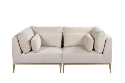 b83798e1920b80412bebffaff7e5d50373adca749c4151b5c10b88b66fff8ef7.jpg An Image of Cassie Two Seat Sofa – Chalk – Brushed Brass Base