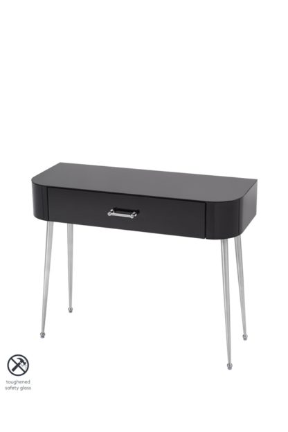 bd9d1f2b2525f9325a61b2184891d24247e8111d0e34182e590a662504515be9.jpg An Image of Mason Black Glass Console Table – Shiny Silver Legs