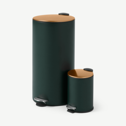 be4c7667d3bfb9479ea80702d15cb9b36395a3316effd117e350189439b81848.png An Image of Cross Flat Top Pedal Bin, 27L & 3L, Forest Green & Copper