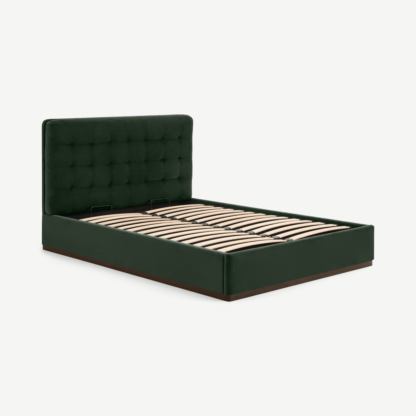 c0f992c8a43ed7b29c5824e234ece671bfdf43bdf593ac2e216b3da7a804e14d.png An Image of Lavelle Super King Size Ottoman Storage Bed, Laurel Green Velvet & Walnut Stain Plinth