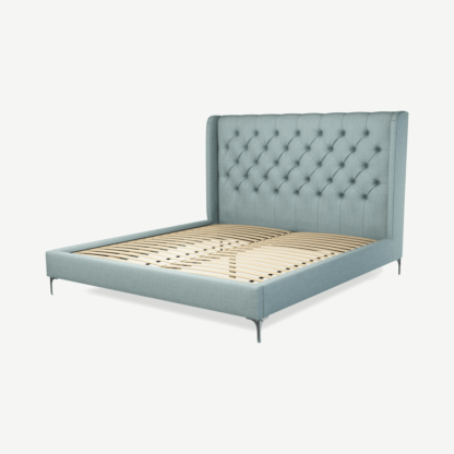 da8592ef630df73f153e791ea62479d52a6e82df839ce74287e25bf27459f771.png An Image of Romare Super King Size Bed, Sea Green Cotton with Nickel Legs
