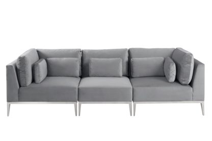 e15bd495f58a7aa9c0cbb76b4ae5c70d0cfdcb75d5fe63fa92dda87fc1246de2.jpg An Image of Cassie Three Seat Sofa – Dove Grey – Stainless Steel Base