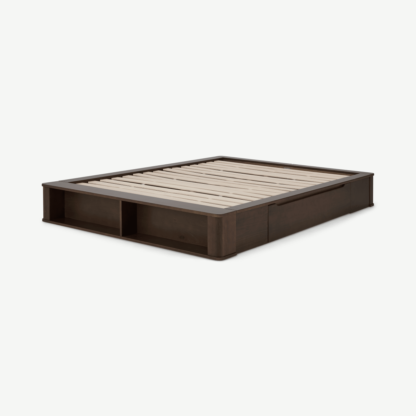 e8f357819c77950a0aea531ab928fae3a3b896279a220c5cdc77ba9801a4f4c7-1.png An Image of Kano King Size Platform Bed with Drawer Storage, Walnut Stain Pine