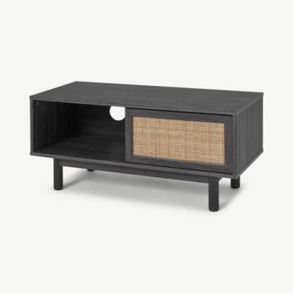 f0bb9456beb5136dded8e4367fb53b13071259f7d4b6a6b741a8495508c058f9.png An Image of Pavia Compact Media Unit, Natural Rattan & Black Wood Effect