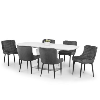 79bf4bcdd73d1b29d60e0b95c9bb3ea56a8acd612127c6b7604adb899471e3d1.jpg An Image of Como Dining Table with 6 Luxe Blue Chairs Blue/White