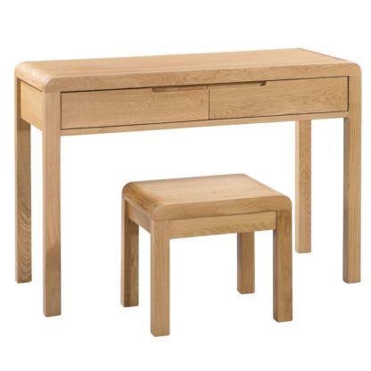 7ae84e9a4831cda45fedb8720880ceb8db27642336ca5bd8e8926f13e85f046e.jpg An Image of Curve Oak 2 Drawer Wooden Dressing Table and Stool