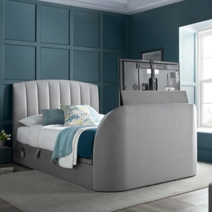 da4d329487a9264a5cdb89c8644482d555c46fc38e326f804a041cc02c4170b2-1.jpg An Image of Flintstone Plume Light Grey Velvet Ottoman Electric TV Bed - 5ft King Size